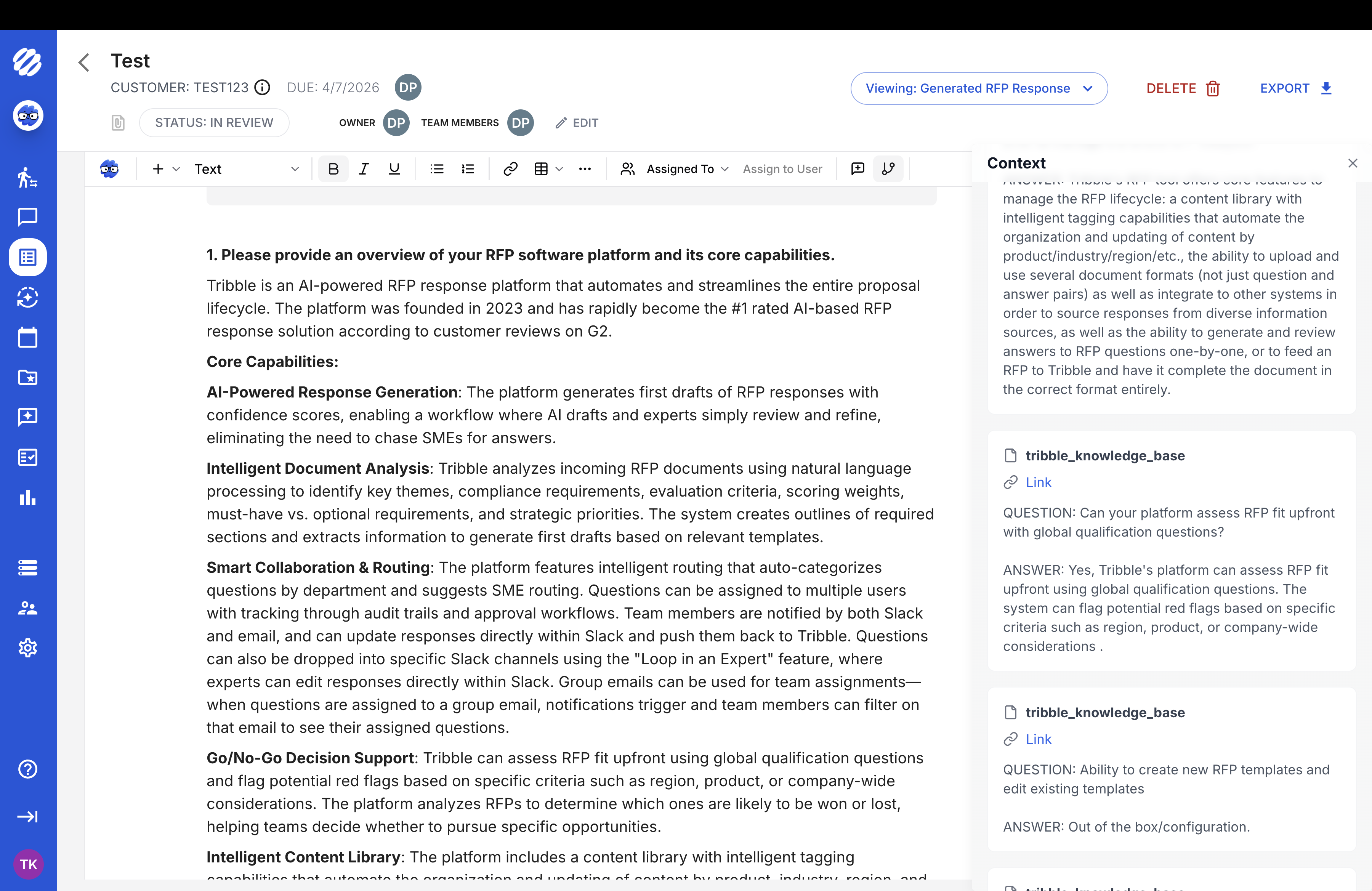 Tribble response editor showing a generated RFP response with cited sources and deal context